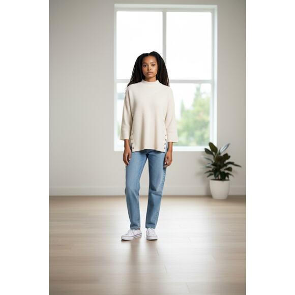 BYdesign Women’s Beige Ribbed Sweater Size XL Button Hem Detail Long Sleeve - Picture 1 of 3